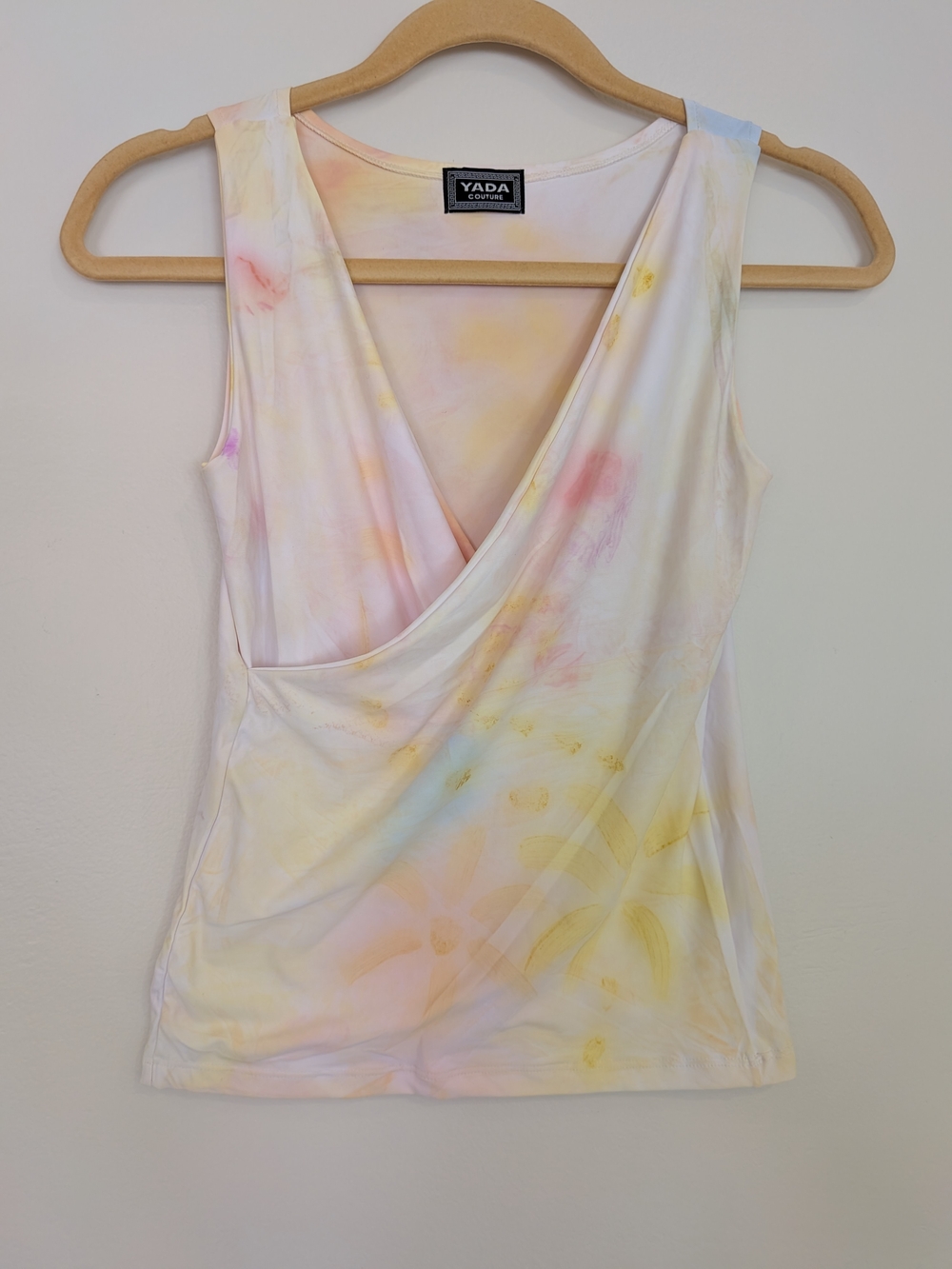 Hand Painted Italian Lycra Top Multicolor Wrap Sleeveless V-Neck Blouse Women's